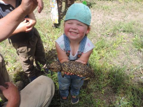 Elsie Palfreyman - daughter of Cotton RiverCare Champion, Mark Palfreyman – holds a shingleback lizard, found as part of the fauna survey conducted on ‘Taraba
